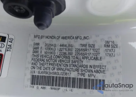 2016 Honda Cr-V Ex from USA, damaged, VIN 5J6RM3H58GL023817